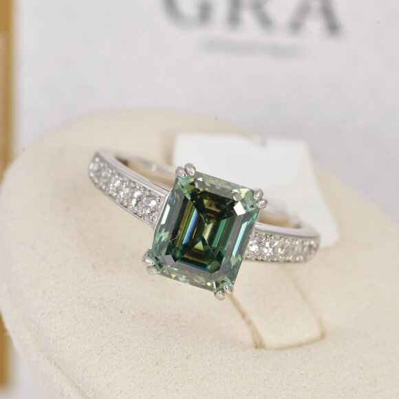 GRA Certified 4ct Blue Green Emerald Cut Moissanite Ring 925 Sterling - Picture 5 of 7